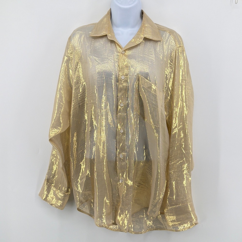 MILLE Silk Lurex Metallic Button Down Shirt Large Gold Sheer Resort Party Blouse
